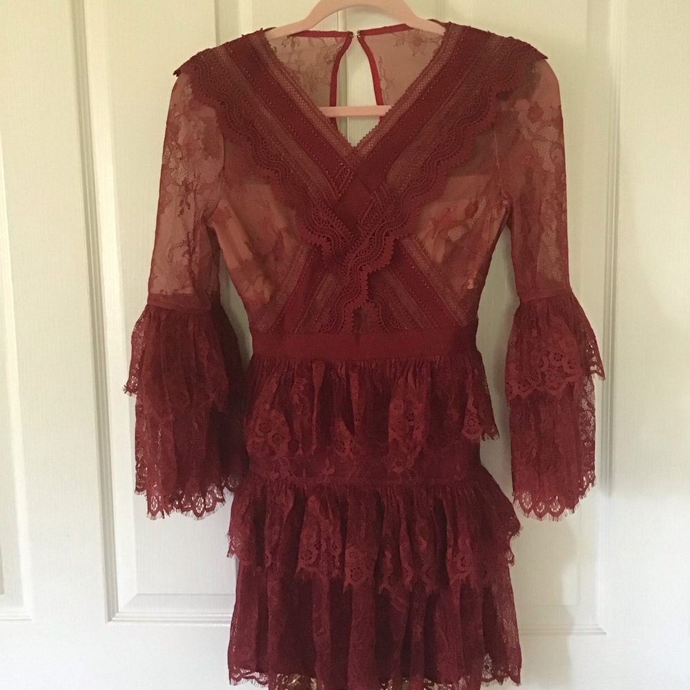 Self-Portrait Burgundy Lace Mini Dress XS - Picture 3 of 8